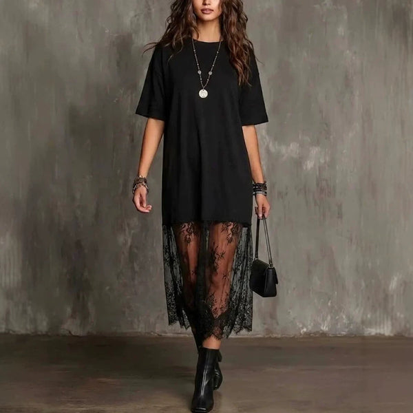 Womens Solid-Color Lace-Patchwork Short-Sleeve Dress