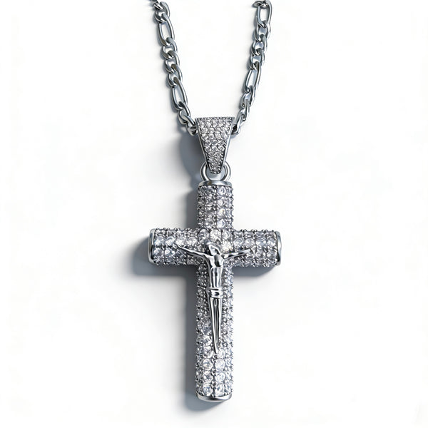 Fashionable Zircon-Inlaid Cylindrical Cross Necklace