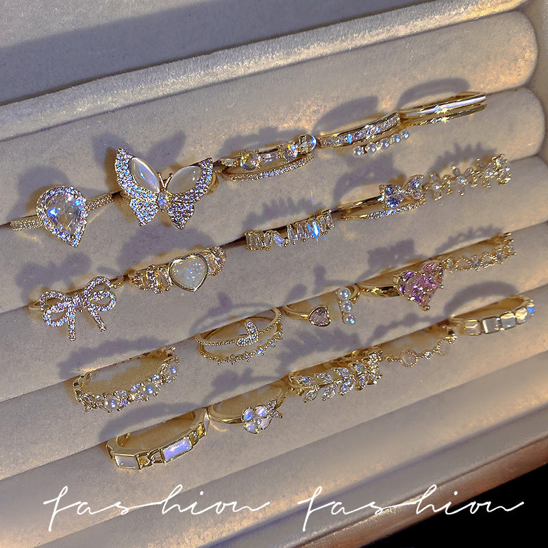 Korean Accessible Luxury High-End Zircon Pearl Ring Women's Retro Niche Design Bow Ring Open Bracelet