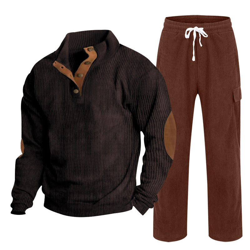 Mens Corduroy Button-Down Henley Shirt And Straight-Leg Pants Casual Set