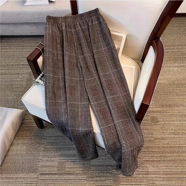 Womens Straight-Leg Wool Slim-Fit Plaid Elastic-Waist Trousers