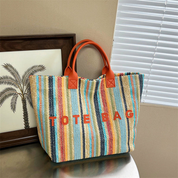 Summer Trendy Rainbow-woven Straw Bag For Women