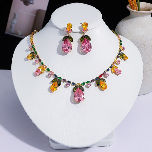 Pink Teardrop Cubic Zirconia Leaf 2Pcs Jewelry Set, Gold Plated Elegant Bridal Necklace & Drop Earrings, Wedding Banquet Formal Accessories For European Spanish Women