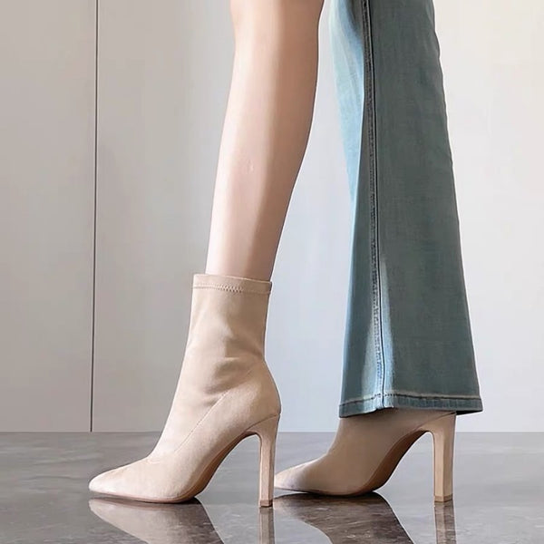 Pointed Toe Flat Heel Apricot Stretch Slim Boots For Women, 2025 New Suede Elegant High Heel Ankle Boots For Autumn & Winter